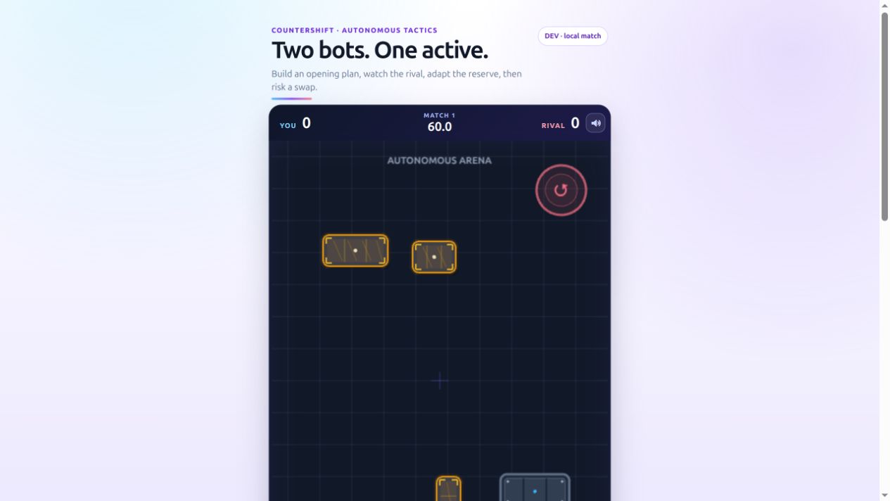 Reservefire prototype showing the autonomous arena and team status on a mobile-first game screen.