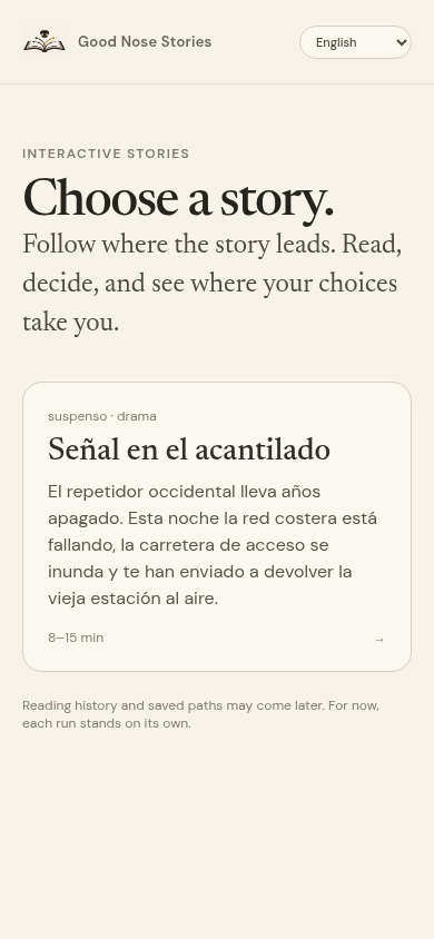 Good Nose Stories mobile library with English navigation and its Spanish-first suspense story, Señal en el acantilado.