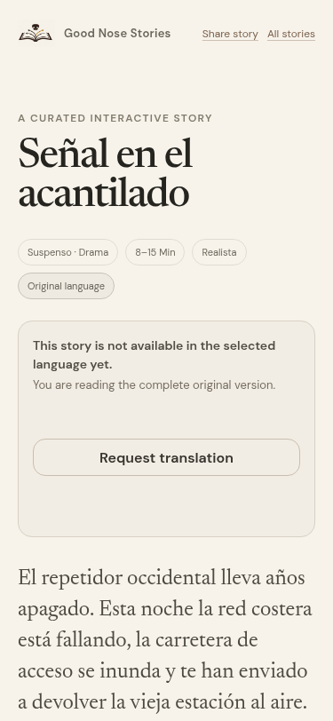 Good Nose Stories mobile reader explaining in English that the selected story currently falls back to its original Spanish text.
